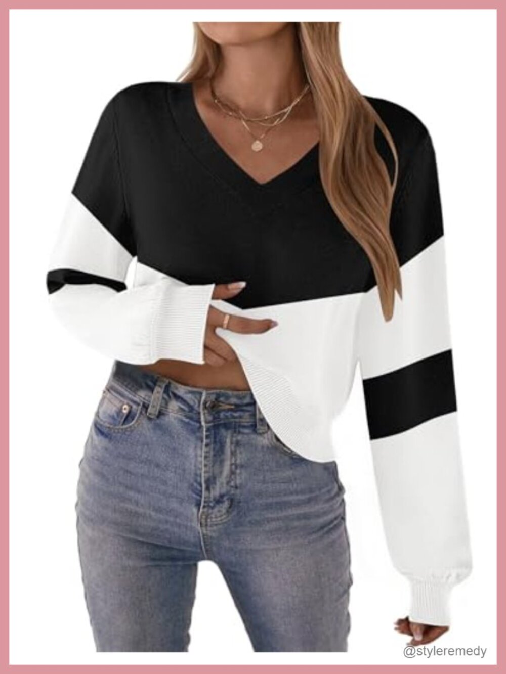 Womens V-Neck Cropped Knit Pullover Long Lantern Sleeve Fall Sweater